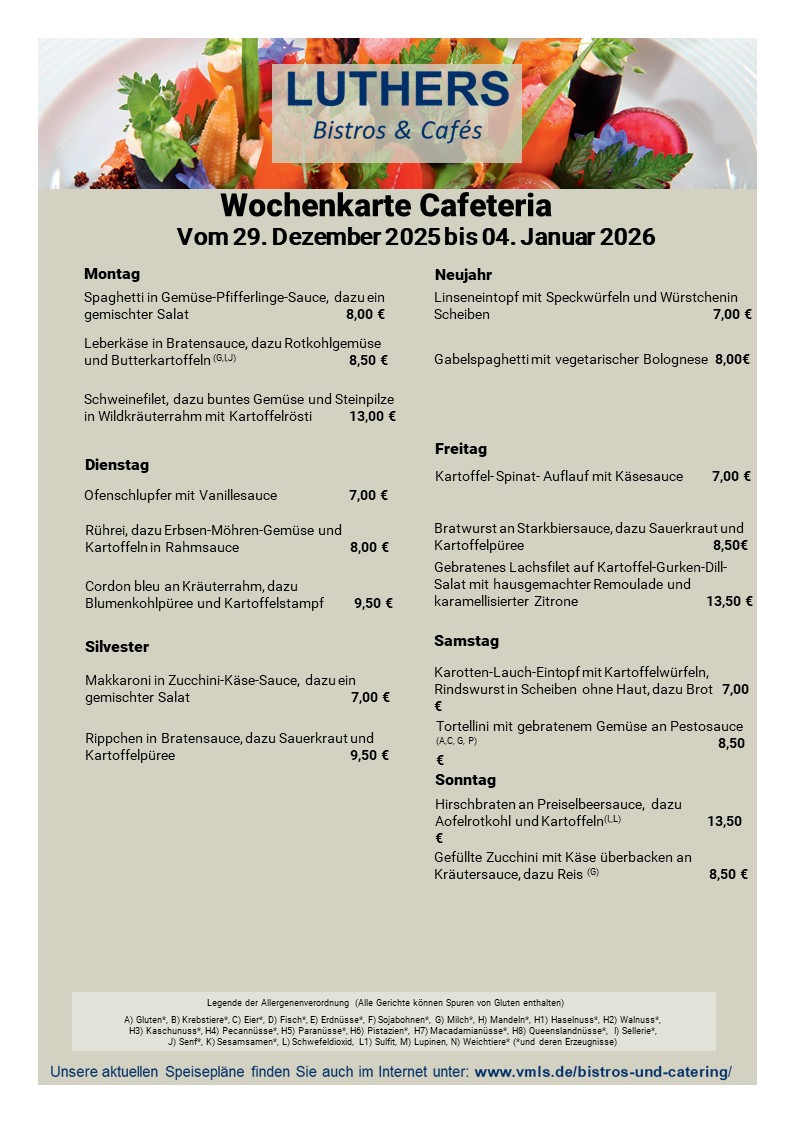 Speisekarte Cafeteria KW 1 2026 mit neuem Layout