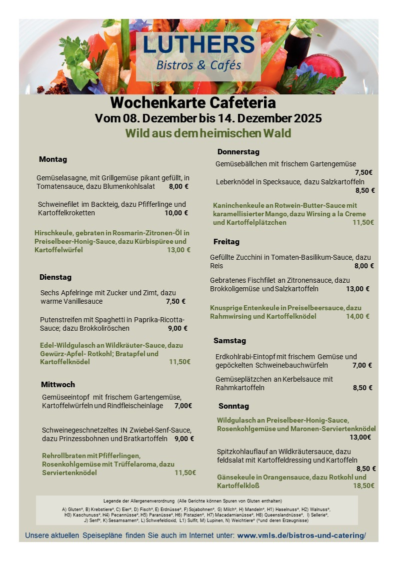 Speisekarte Cafeteria KW 50 2025 mit neuem Layout