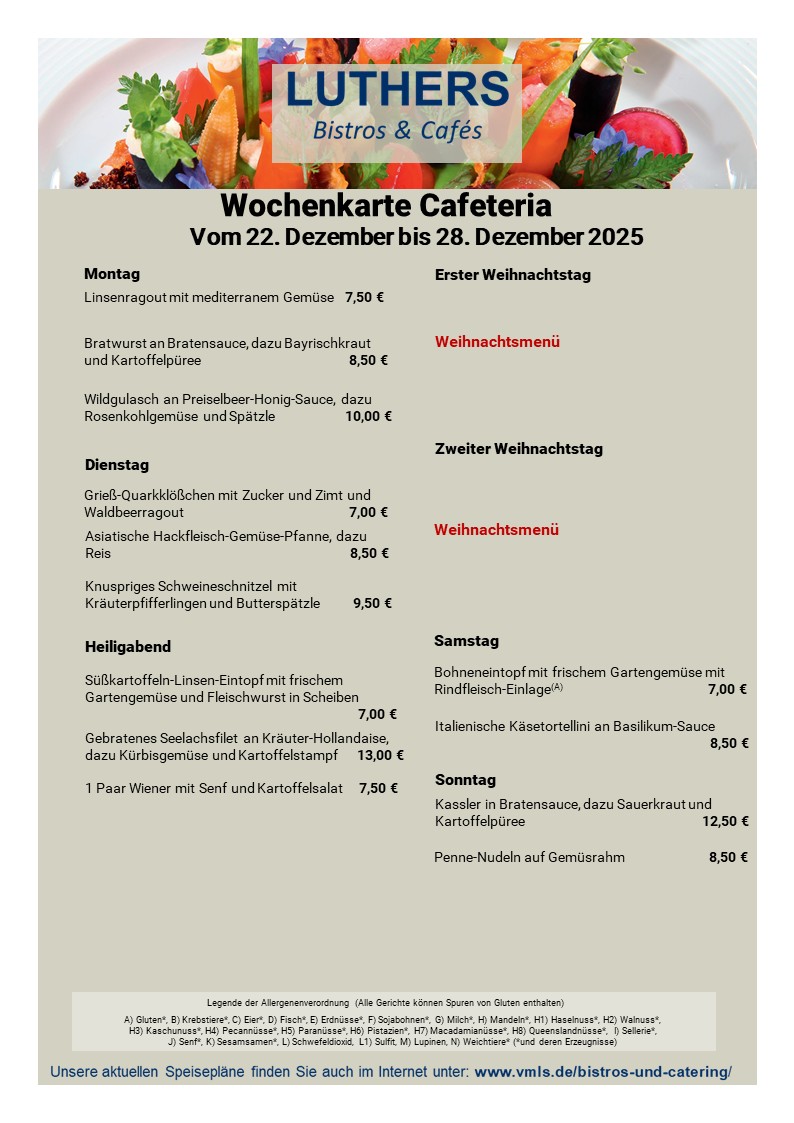 Speisekarte Cafeteria KW 52 2025 mit neuem Layout
